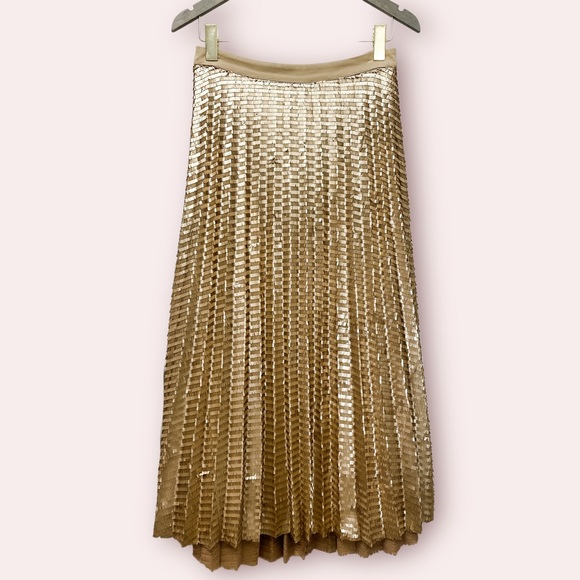 ANTHROPOLOGIE Maeve Natalia Pleated Gold Sequin Midi Skirt - Picture 5 of 15